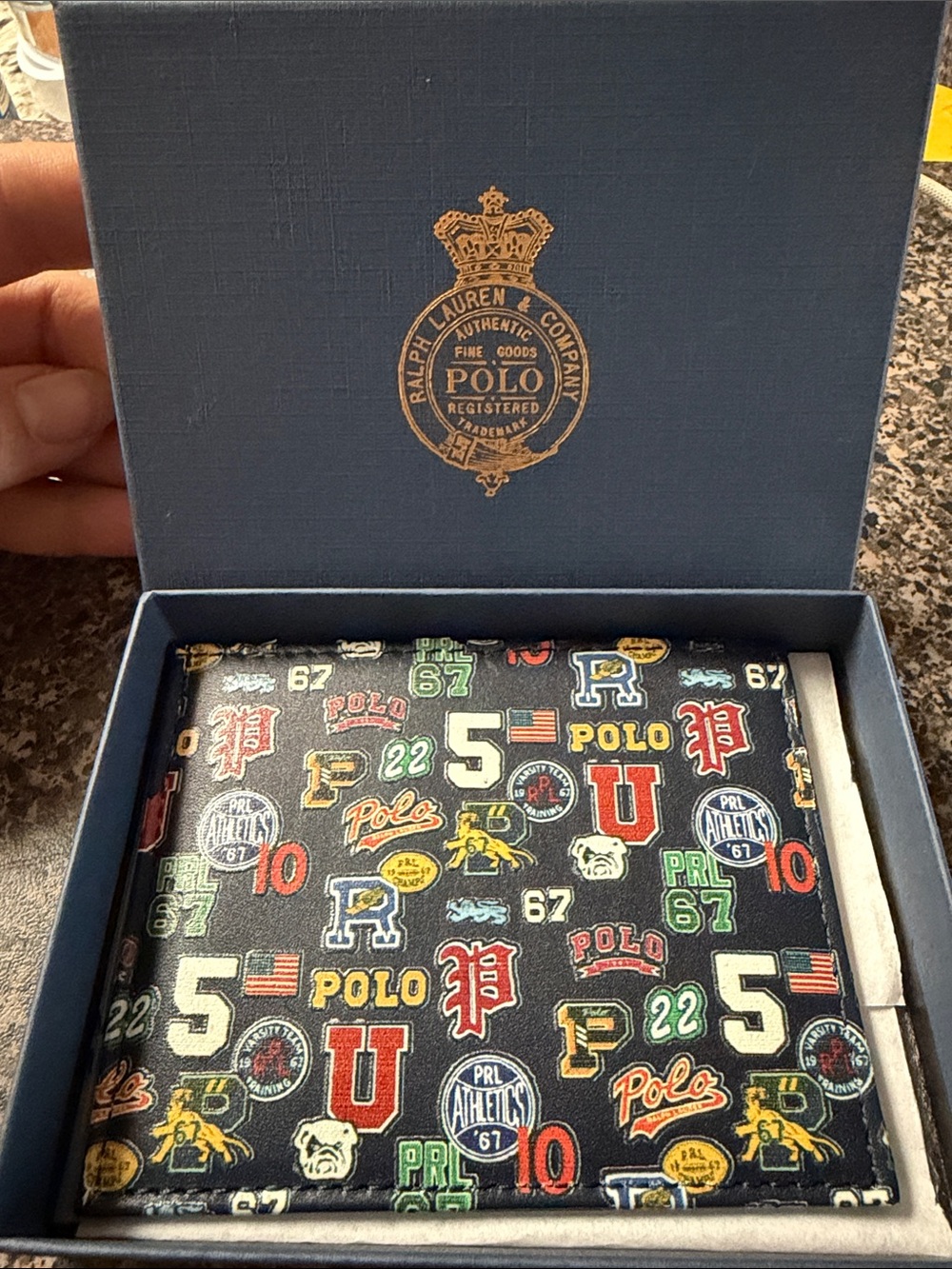 Ralph Lauren Navy Card Holder with Multicolor Collegiate Logos